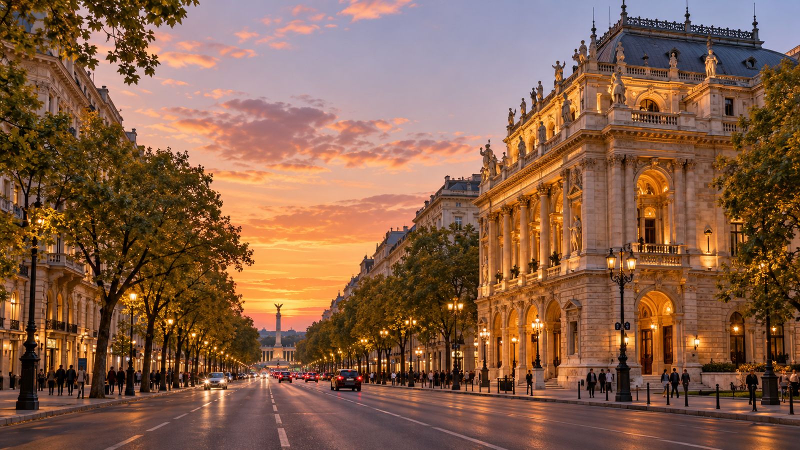 La avenida Andrássy de Budapest al atardecer, con la Ópera iluminada a la derecha