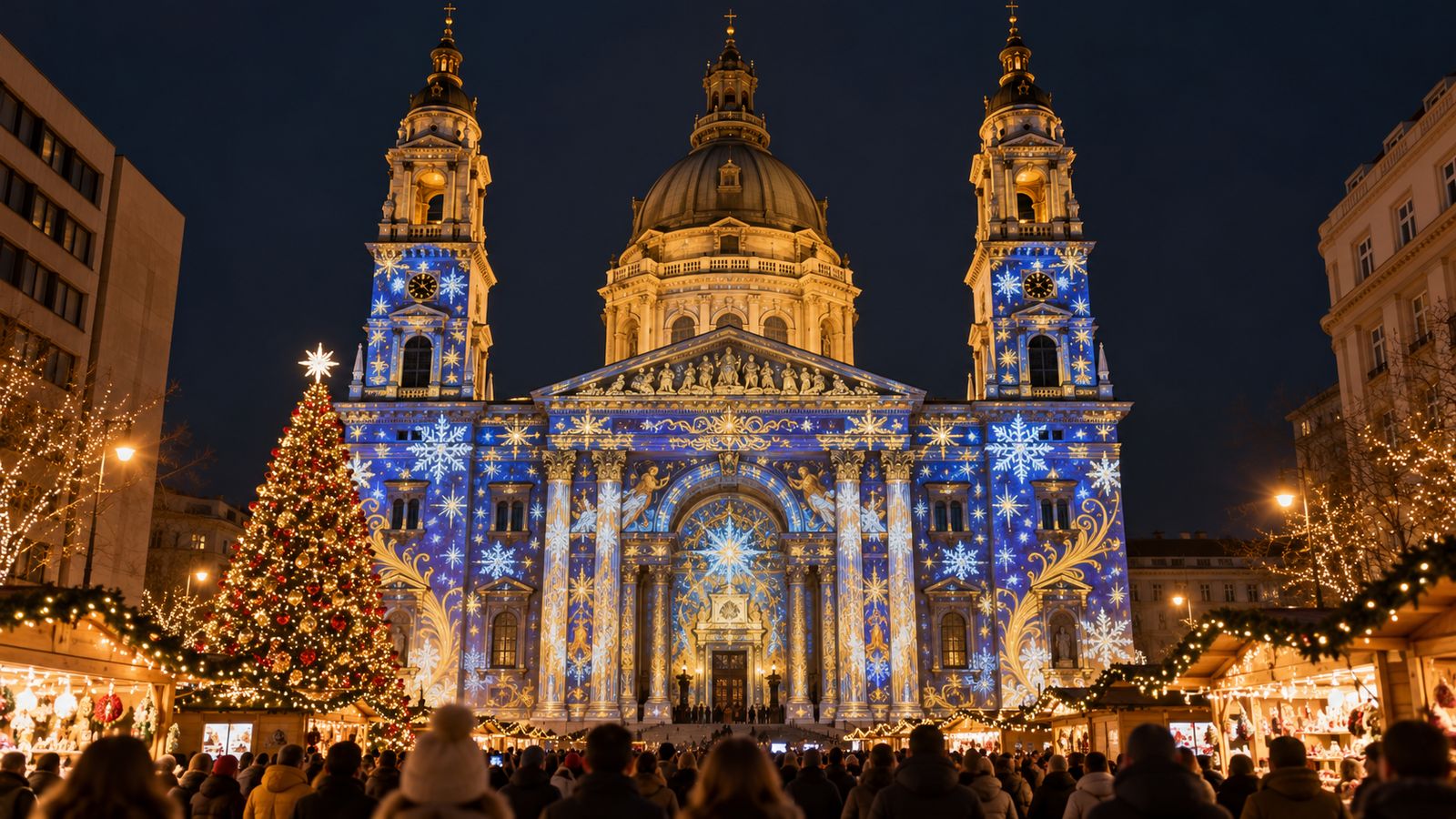 La fachada de la Basílica de San Esteban de Budapest con las proyecciones de luces navideñas y el mercado delante