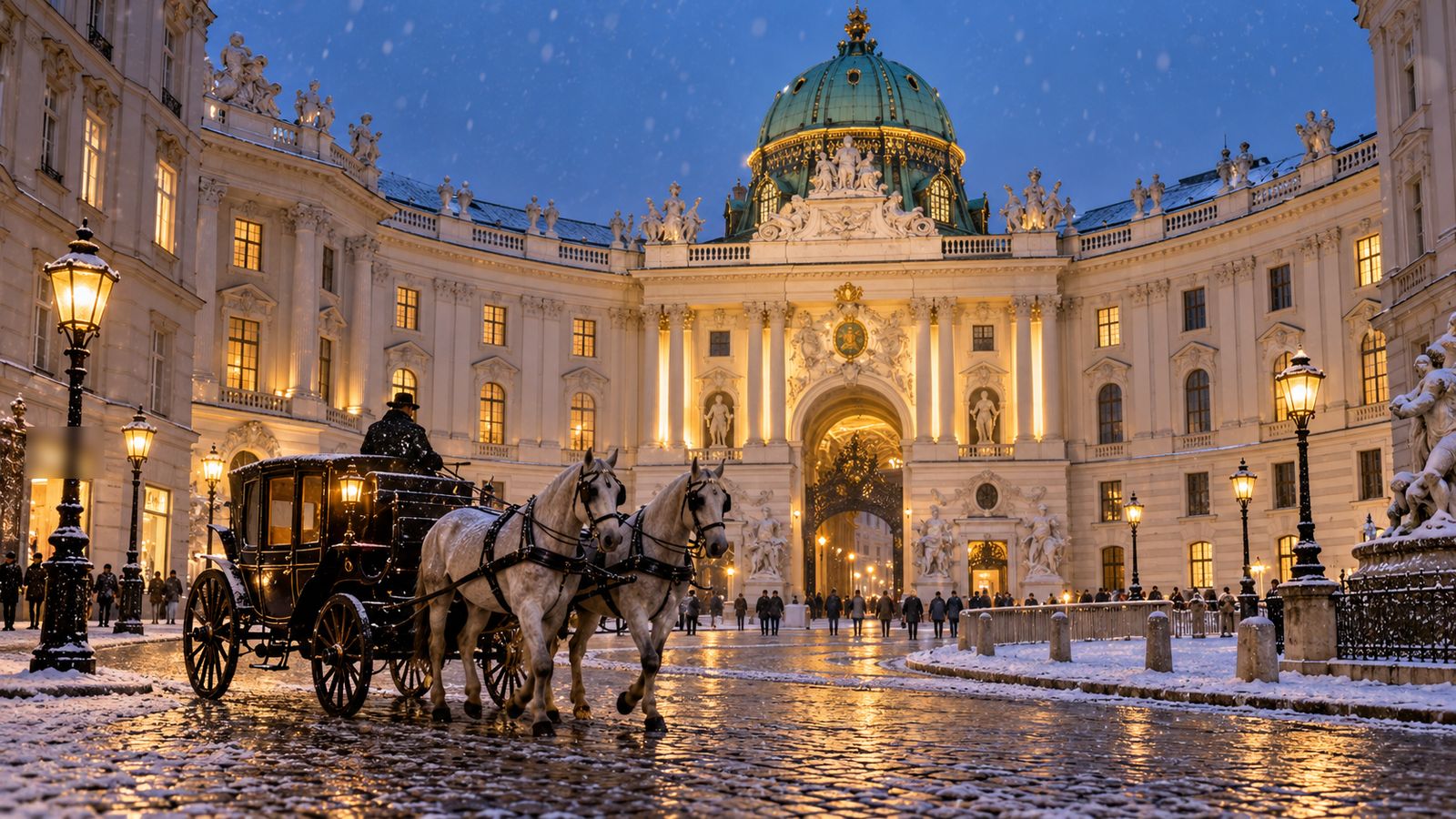 Un coche de caballos frente a la Michaelertor del Hofburg de Viena en una tarde de nieve