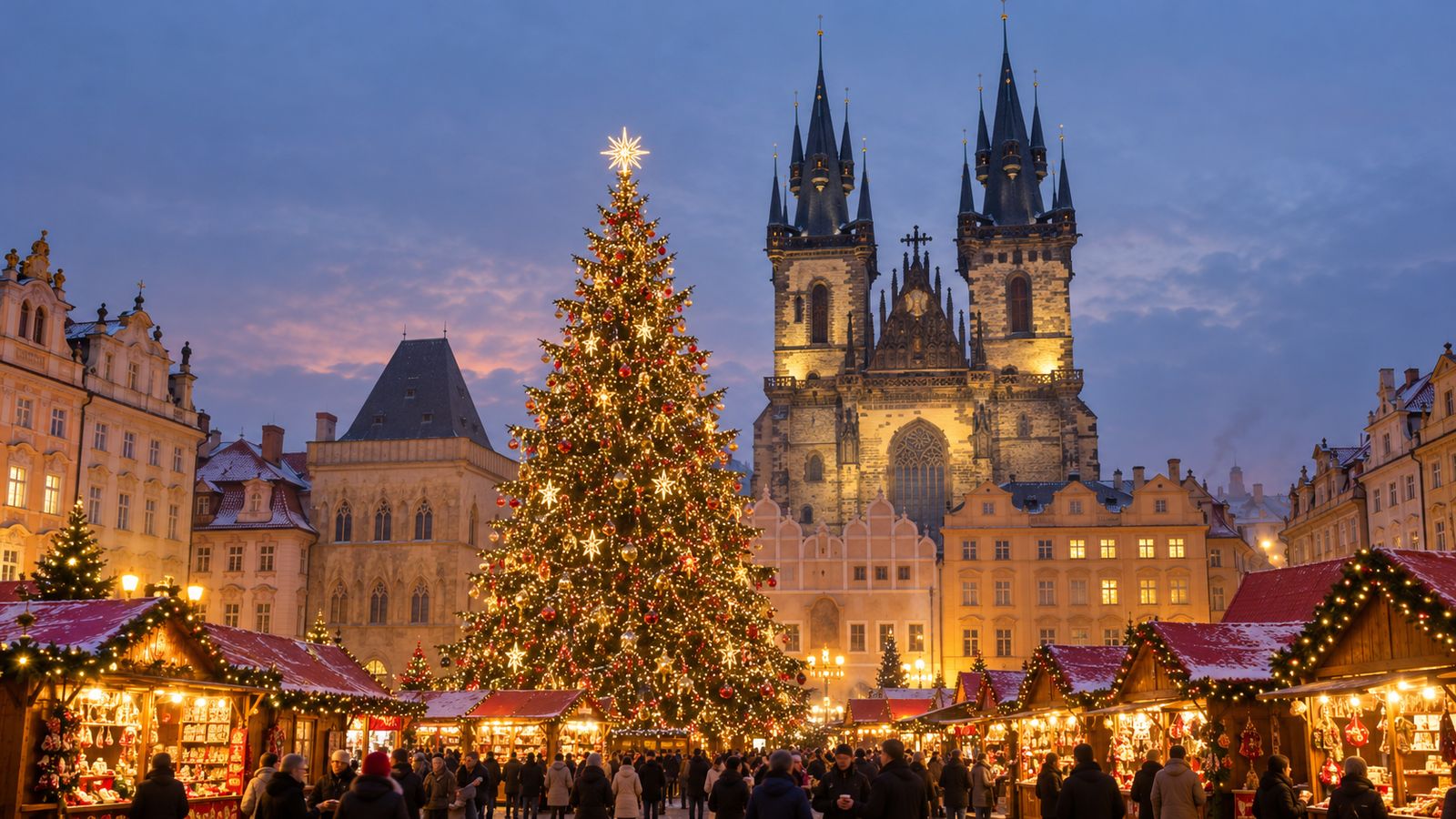 El árbol de Navidad de la plaza de la Ciudad Vieja de Praga frente a la iglesia de Týn, con las casetas del mercado
