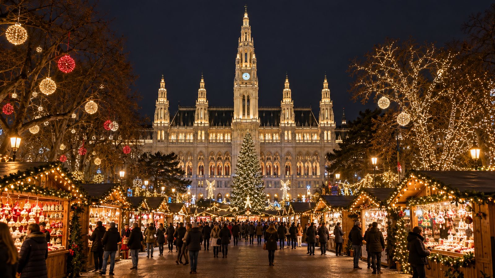 El mercado de Navidad de la Rathausplatz de Viena de noche, con el Ayuntamiento iluminado al fondo