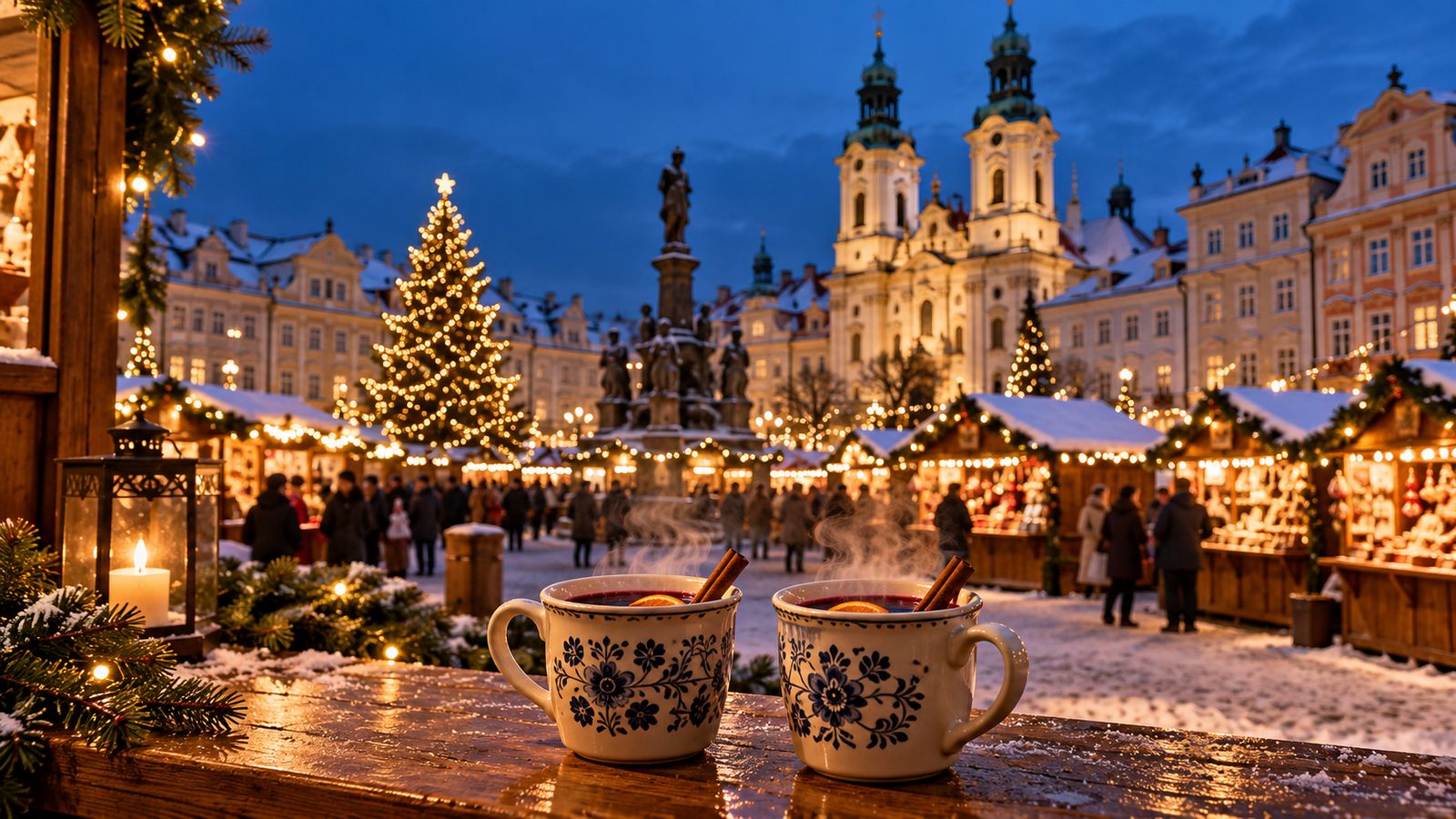 Dos tazas de vino caliente humeando en un mercado de Navidad de Europa Central al anochecer