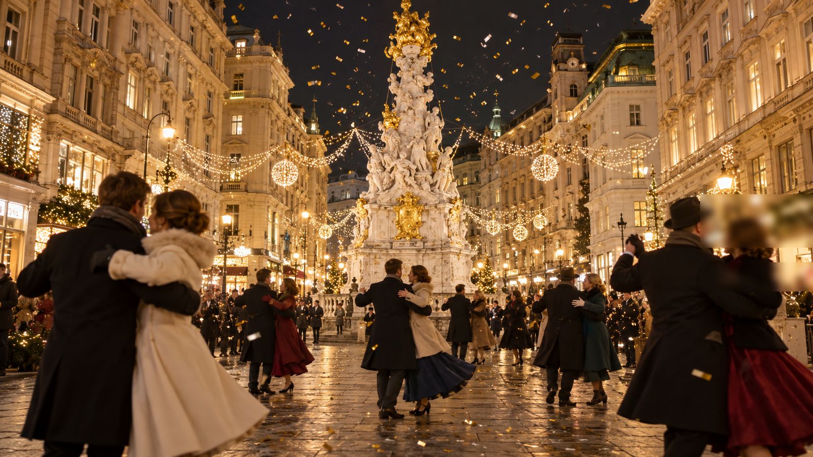 Parejas bailando el vals en el Graben de Viena en Nochevieja, junto a la columna de la Peste