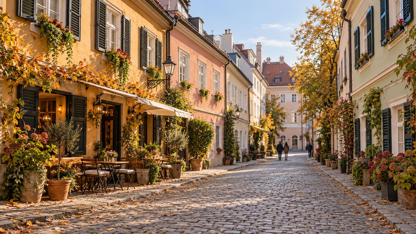 Una callejuela empedrada de Spittelberg, en Viena, con casas Biedermeier de colores y un café en la calle