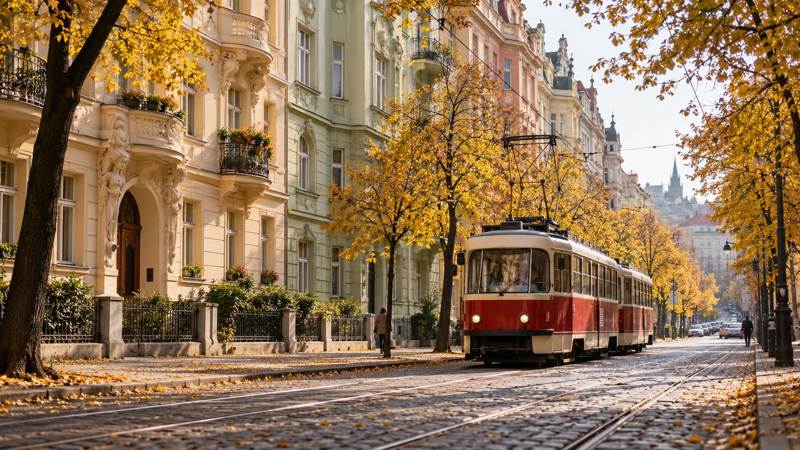 Una calle de Vinohrady en otoño, con fachadas modernistas y un tranvía rojo y crema